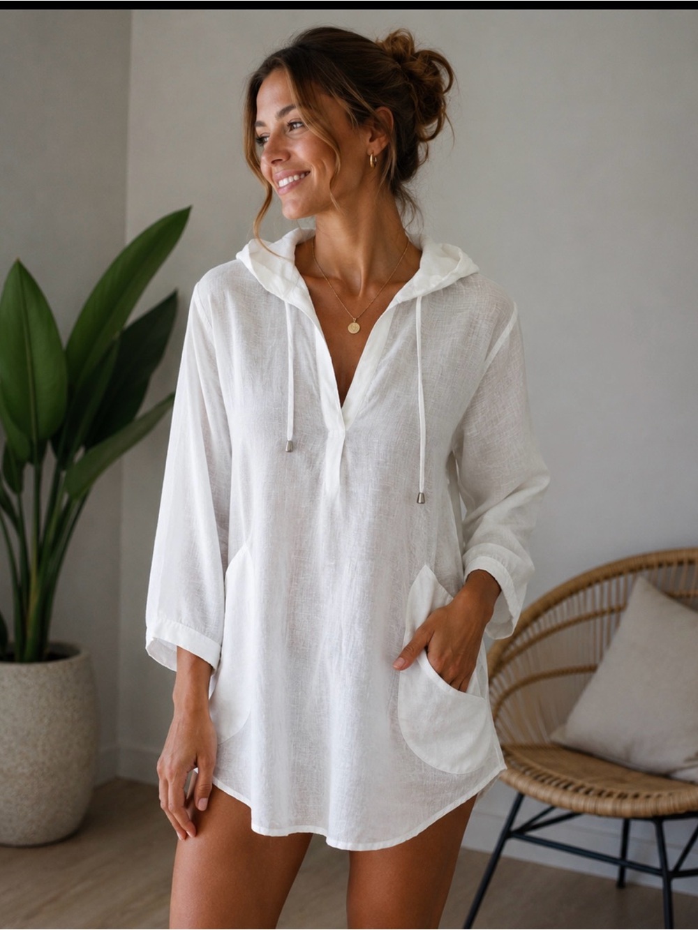 Linen For Cynthia White Hooded Swim Cover-Up Tunic with Pockets